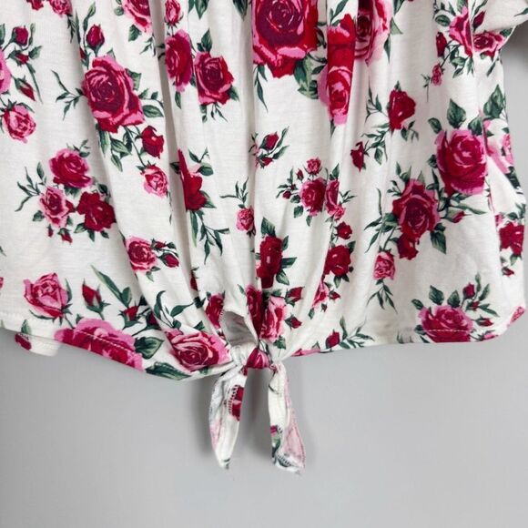 DIVIDED H&M | White Rose Print Floral Off-Shoulder Tie Front Top Women’s Size L - Picture 4 of 8